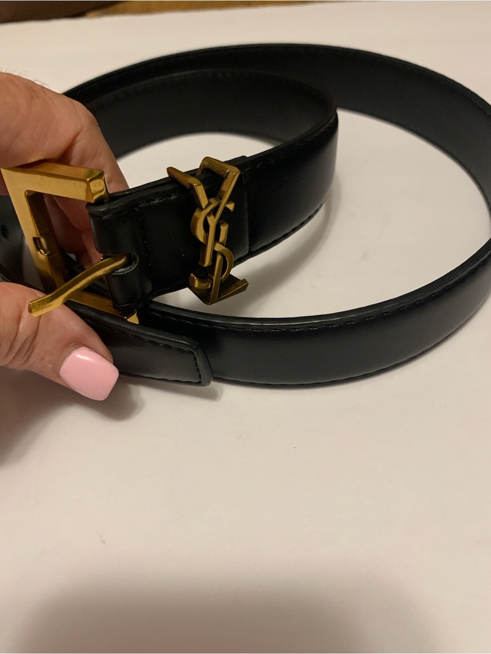 Saint Laurent Black Leather Belt with Gold YSL Logo 95/38 *read